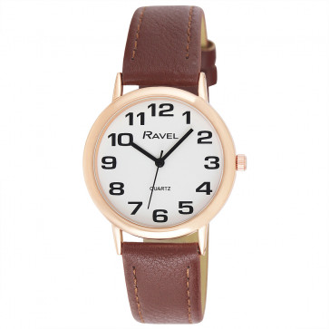 Men's Easy Read Watch - Brown / Rose Gold Tone / White