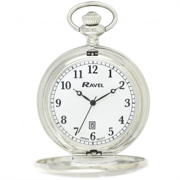 Full-Hunter Calendar Pocket Watch with Chain - Silver Tone