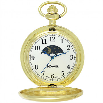 Full-Hunter Moon-Phase Pocket Watch with Chain - Gold Tone